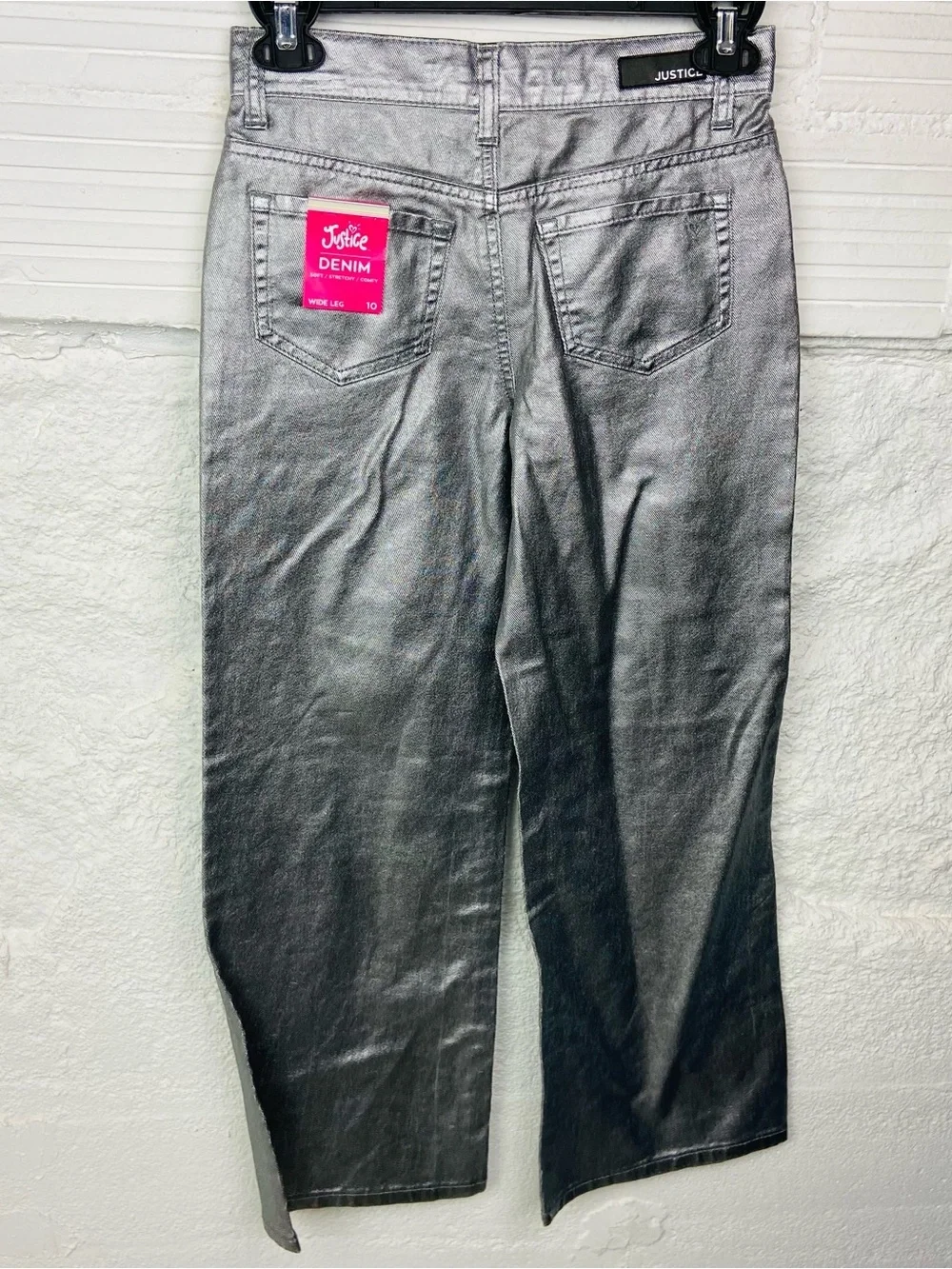 NWT Justice Metallic Silver wide-Leg denim stretch Pants size 10